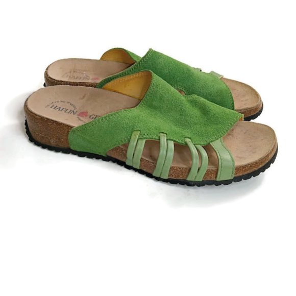 Haflinger Shoes - Haflinger Green Suede Leather Cork Cushion Slide Sandal